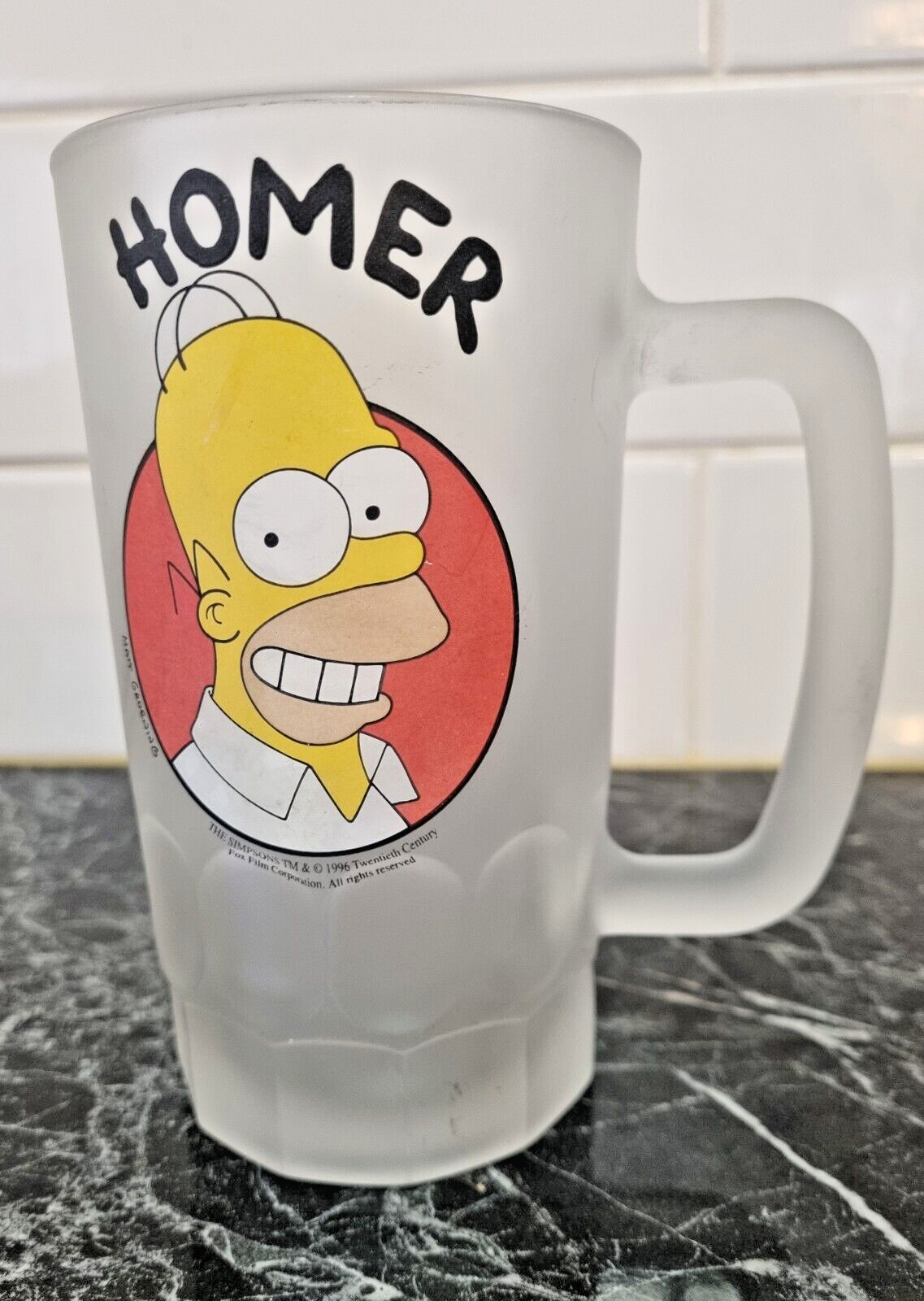 Vintage Simpsons Homer Beer Stein Mug Frosted Large Glass Animated Show 1996