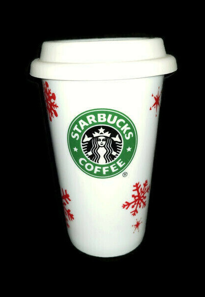 Starbucks 2010 Holiday Travel Mug Tumbler Cup White Ceramic Red Snowflakes w Lid