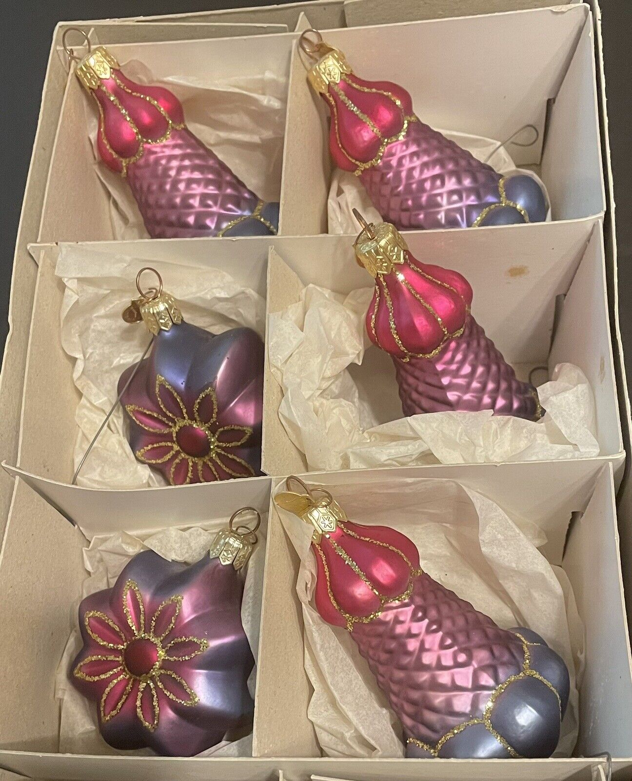 Lot Of Six Dept 56 Rep Czech Glass Ornaments Pink Purple Blue Glitter Accents