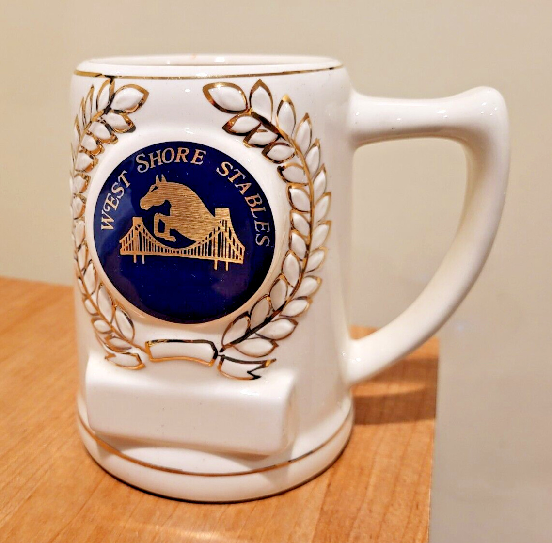 WEST SHORE STABLES  Gold Trim Ceramic Stein  STATEN ISLAND NEW YORK Crown Trophy