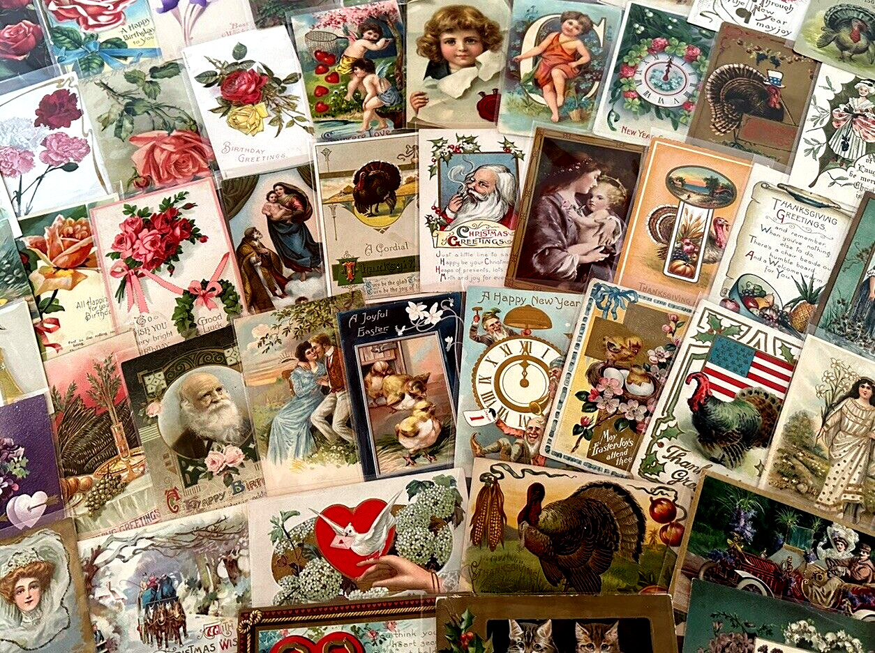 Nice Lot of 65~Mixed Vintage Antique Holidays Greeting Postcards~in sleeves-k314