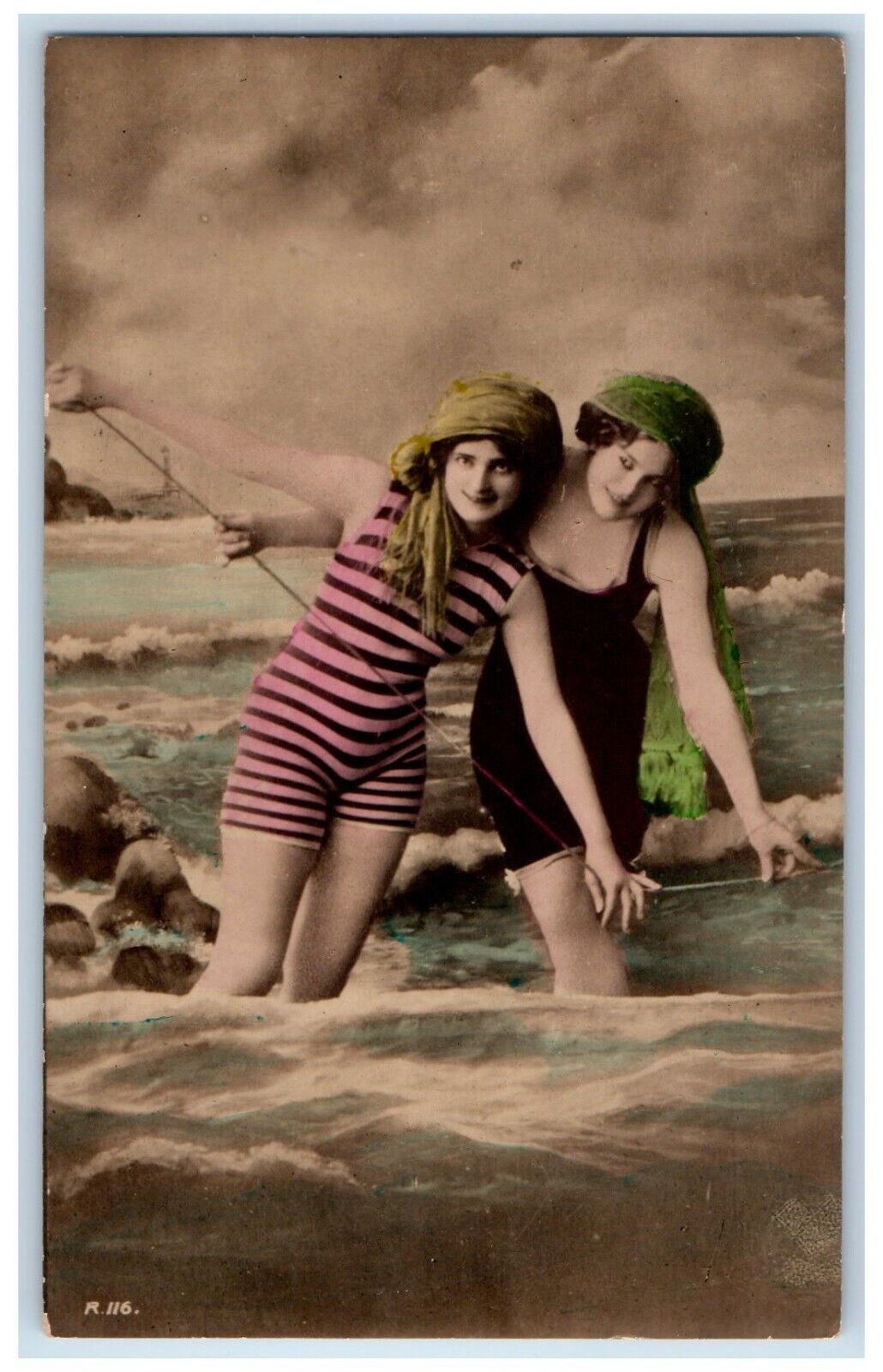 c1910's Bathing Beauties Scarf Holding Rope RPPC Photo Unposted Antique Postcard
