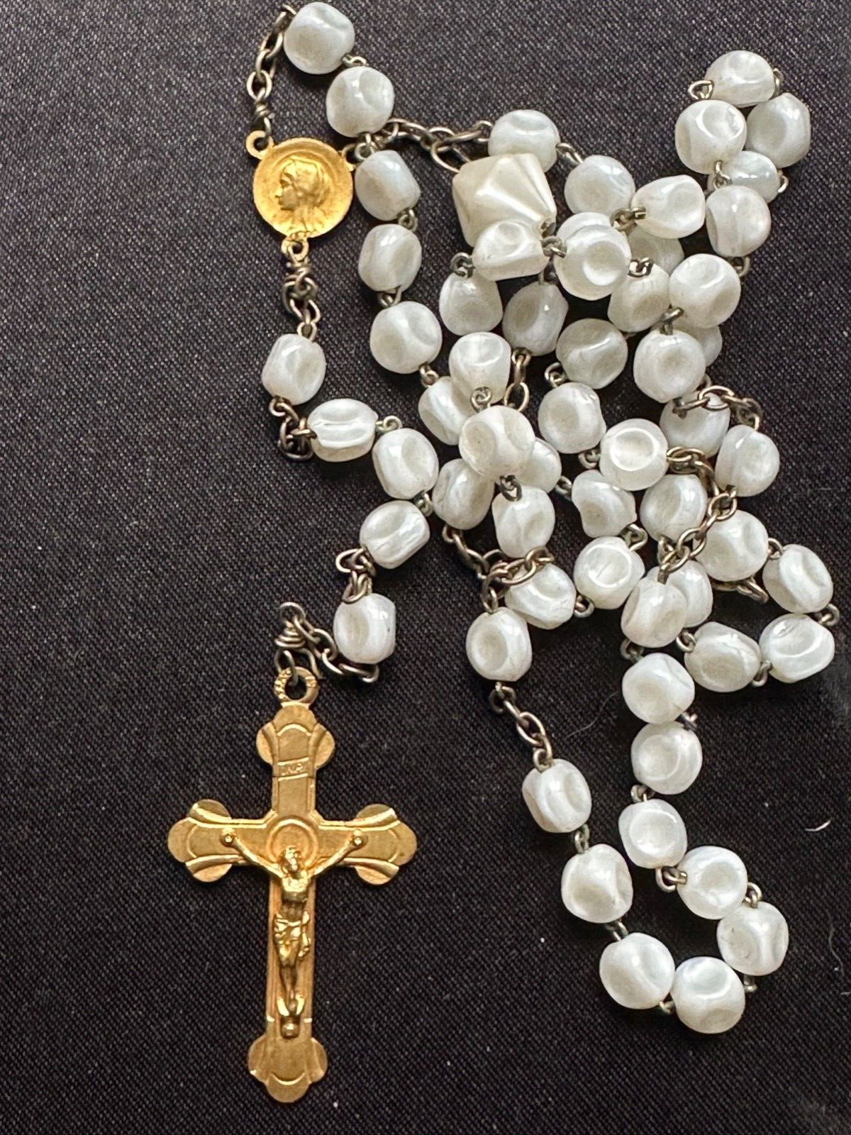 Gorgeous French 1930's Religious Chapelet - Concave White Beads. Gold Cross