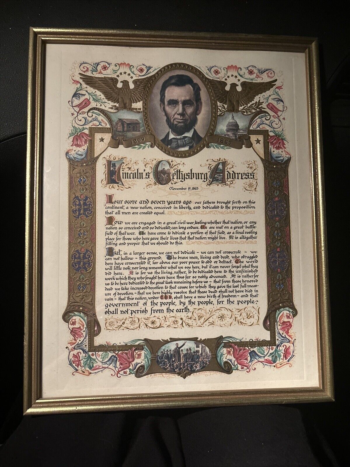 Abraham Lincoln Gettysburg Address Framed Color Print J.R.Rosen studio Boston