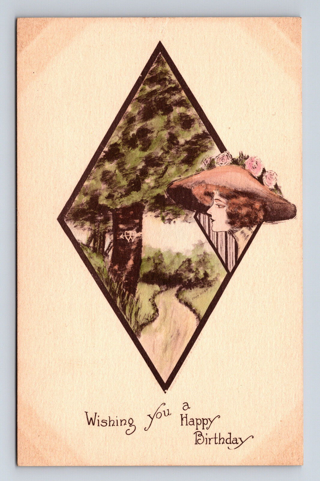Artist Signed Cobb Shinn Portait of Woman & Lover\'s Tree Postcard