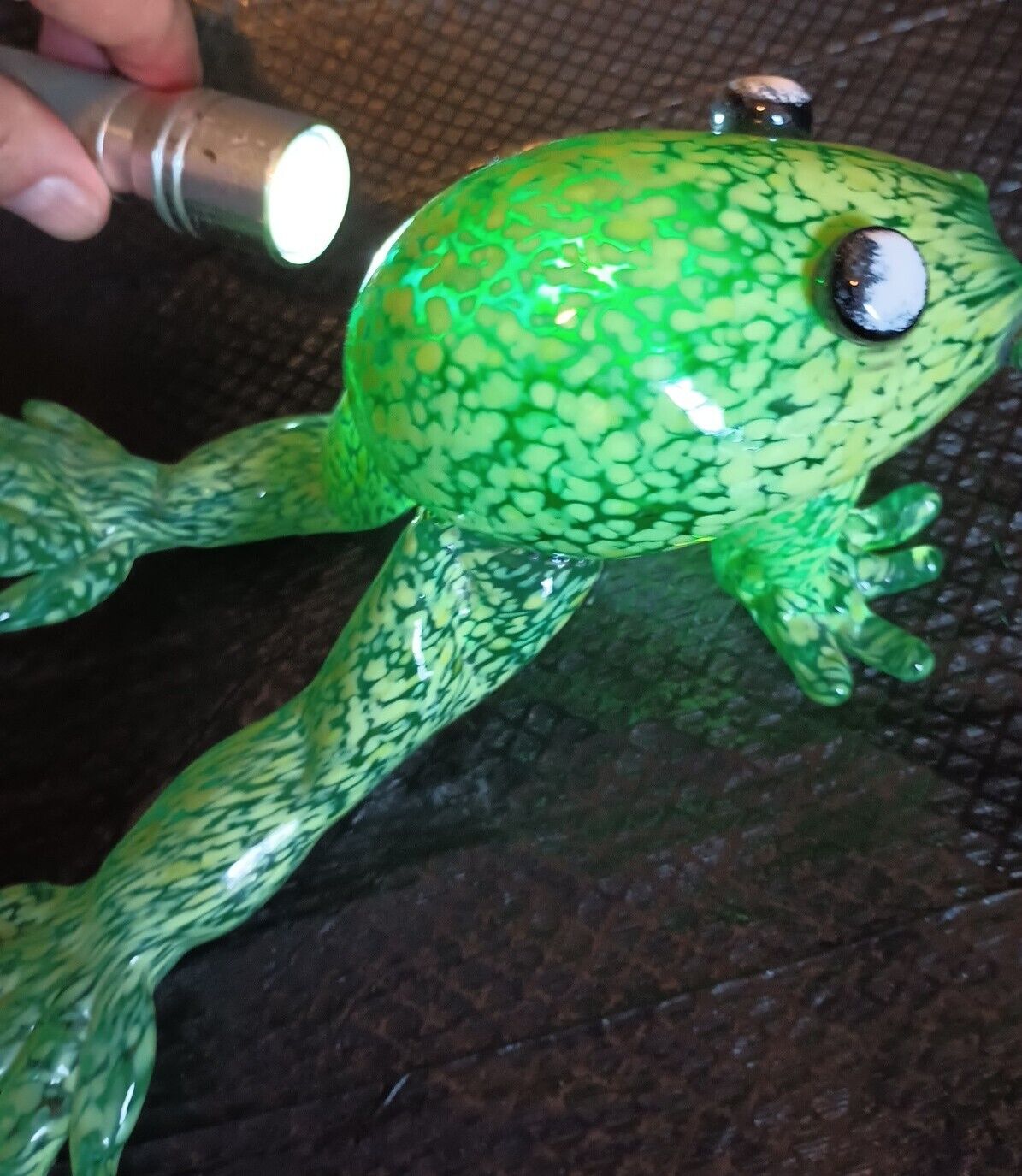 Artist Signed David Glass Hand Blown Green Frog Art Speckled Translucent Deco