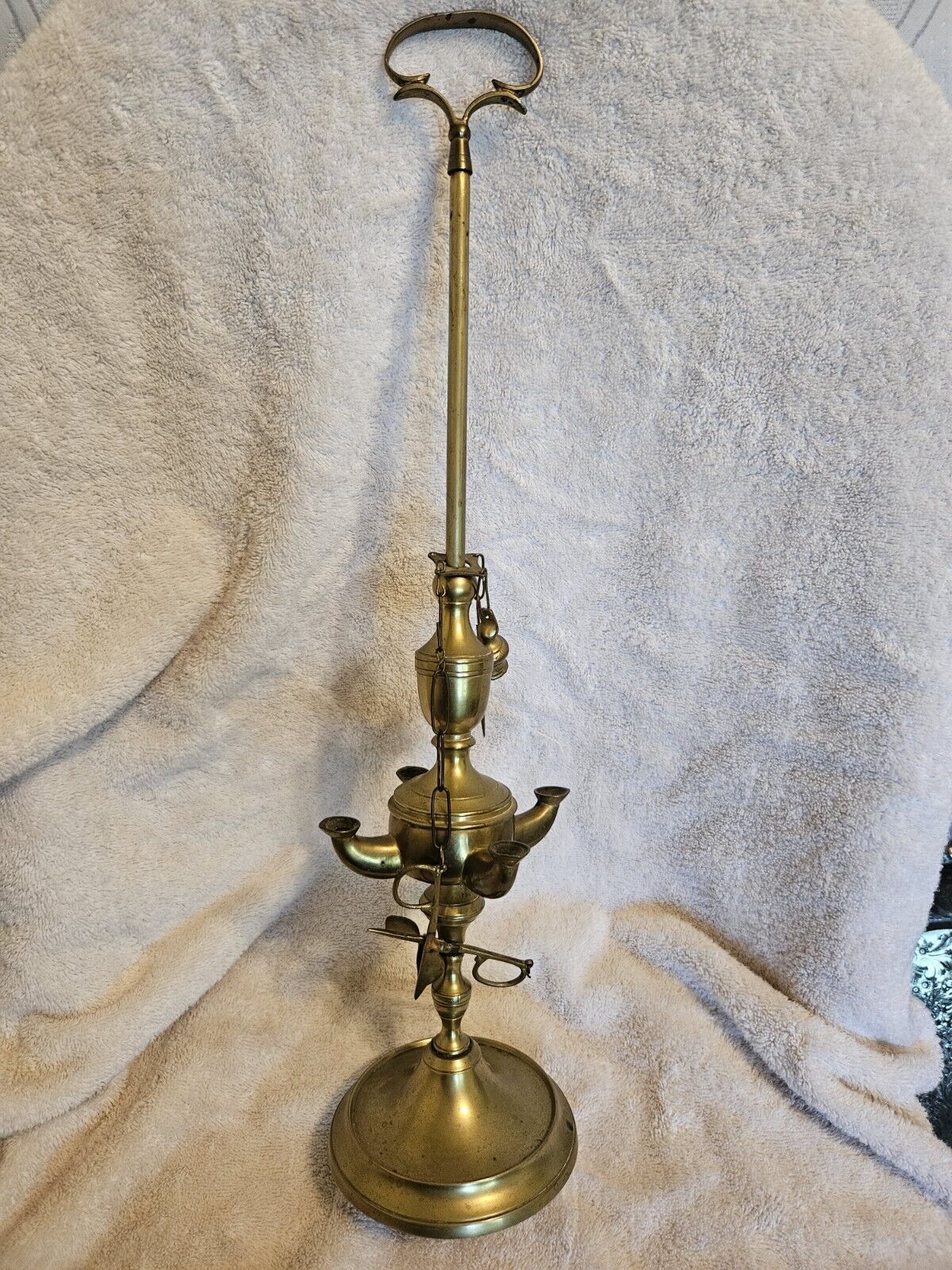 ANTIQUE ORIGINAL Late 1800's BRASS 4 WICK WHALE OIL LAMP 21 INCHES TALL EXT RARE