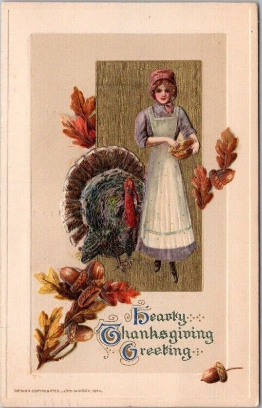 1914 Winsch Schmucker Embossed THANKSGIVING Postcard Farm Lady / Big Turkey