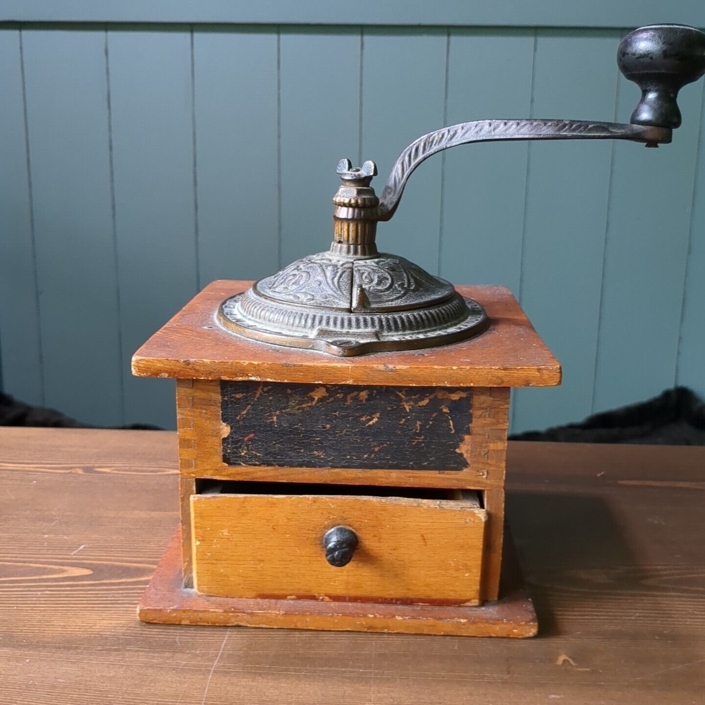 Antique Wooden Coffee Grinder Metal Crank Sliding Opening Drawer Farmhouse Decor