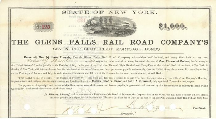 Glens Falls Rail Road Co.'s - $1,000 Bond - Railroad Bonds