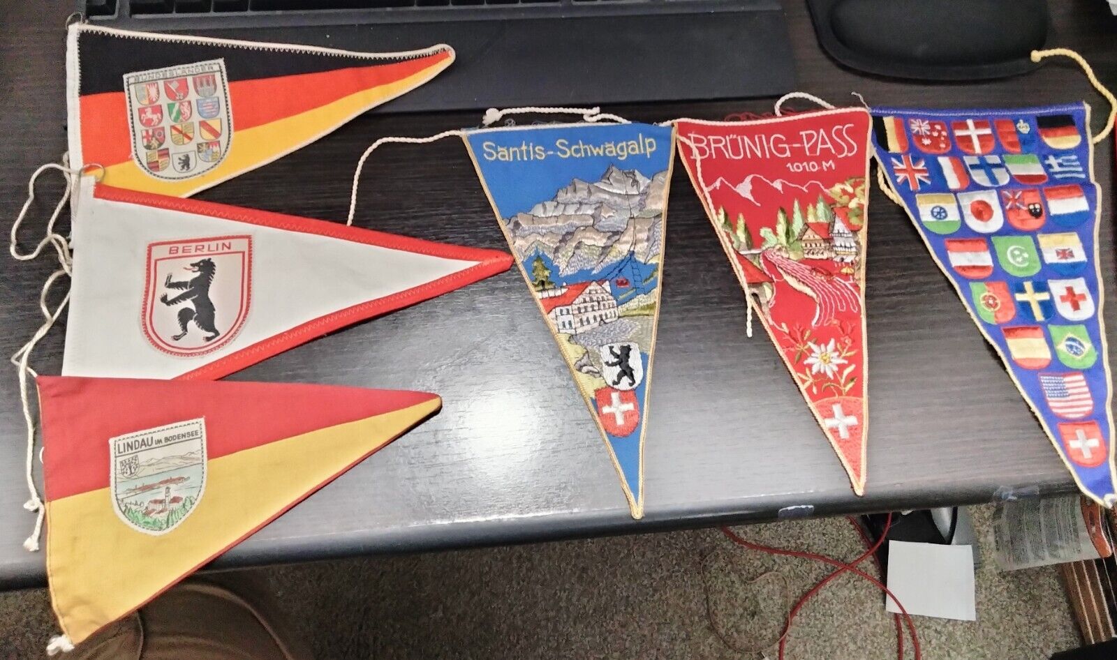 Lot of 6 vintage stitched foreign pennant flag lot Germany Switzerland 1950s ???
