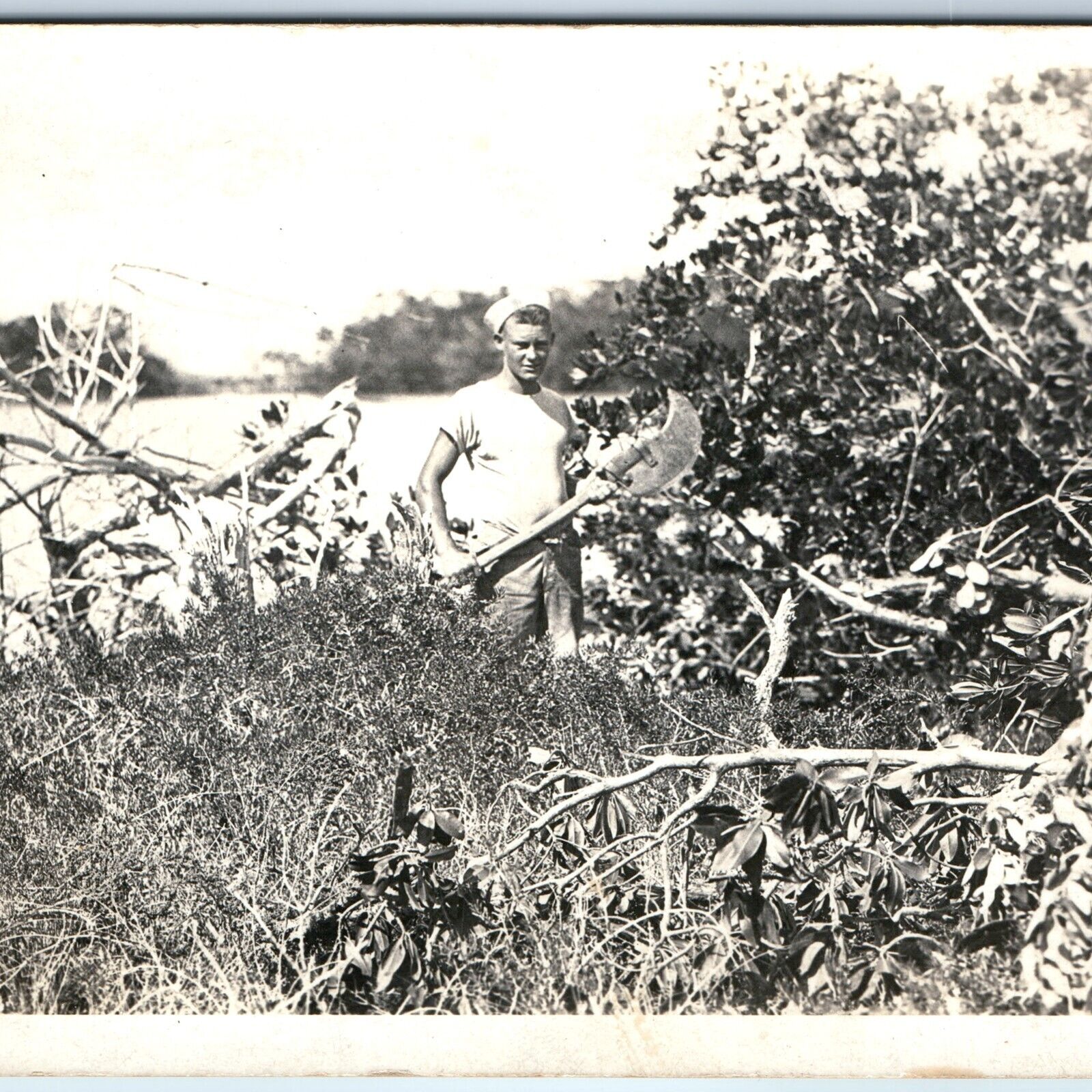 c1910s Navy Sailor Man Chopping Trees RPPC Brush Broad Axe Head Real Photo A127