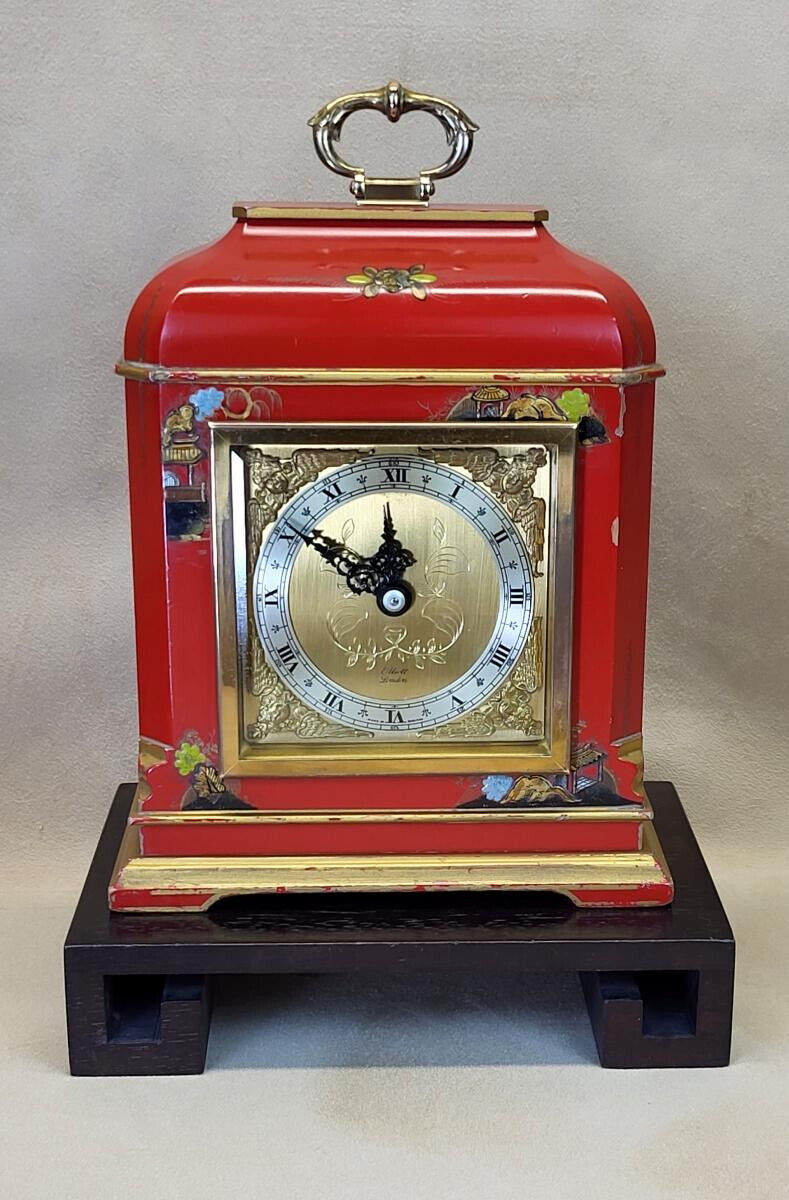 RESTORED 1961 Elliott London Hand Painted Chinoiserie Lacquer 8-Day Shelf Clock