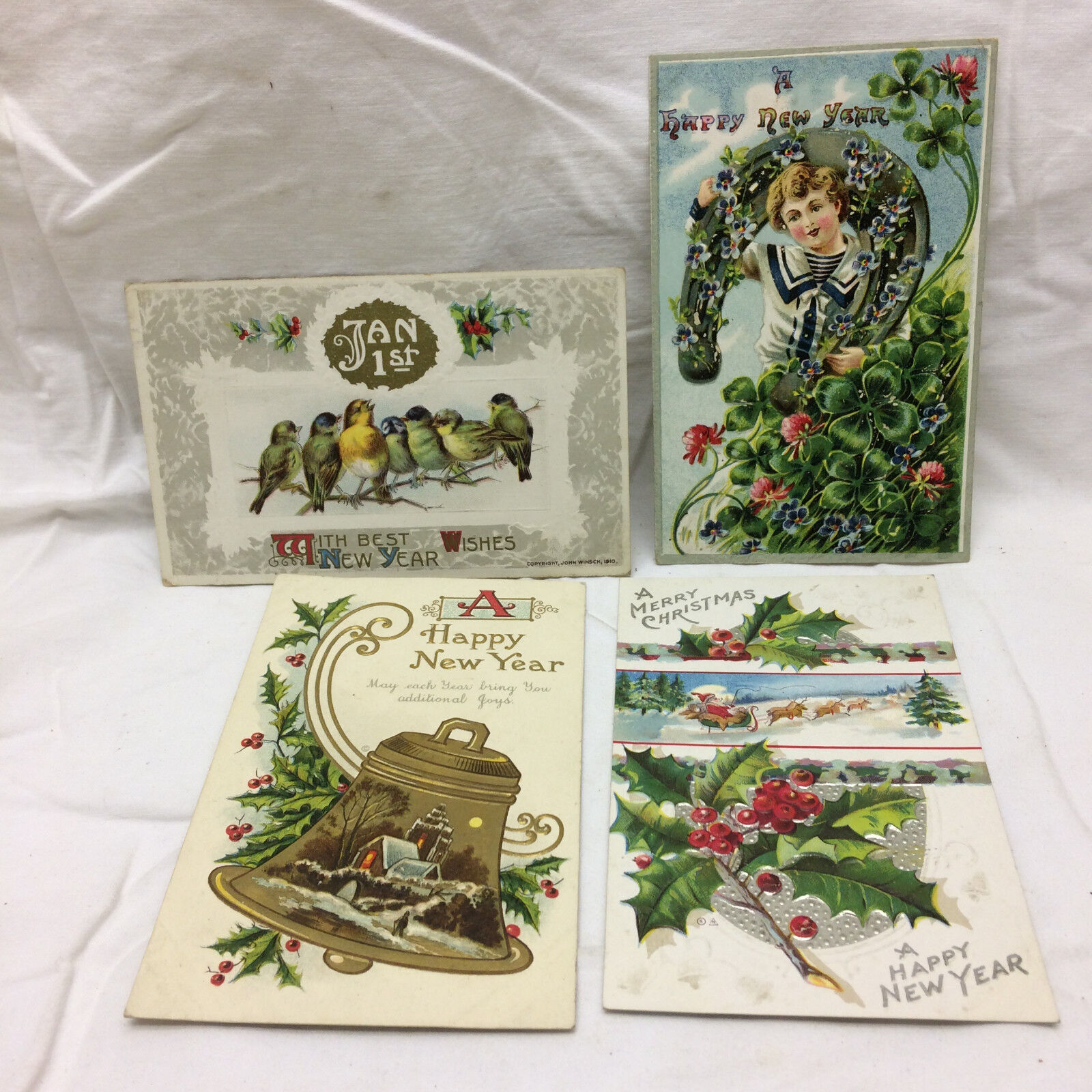 Vtg Embossed Postcard Happy New Year Greeting Lot of 4 Cards Postcards 1912