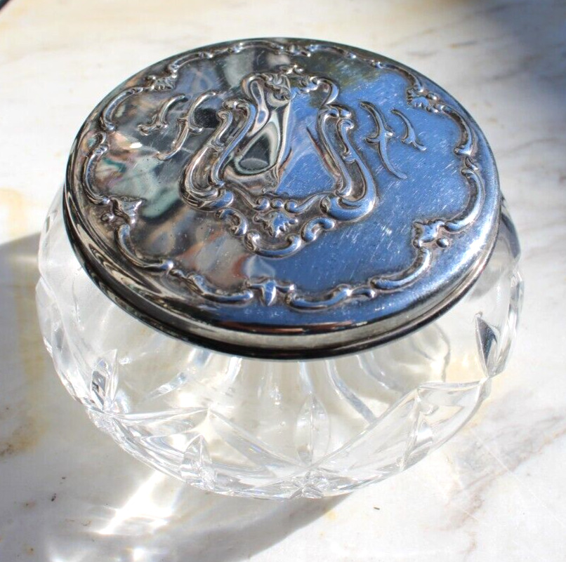 Vintage GORHAM #1845 West Germany Crystal Jar Silver Plate Lid Repousse