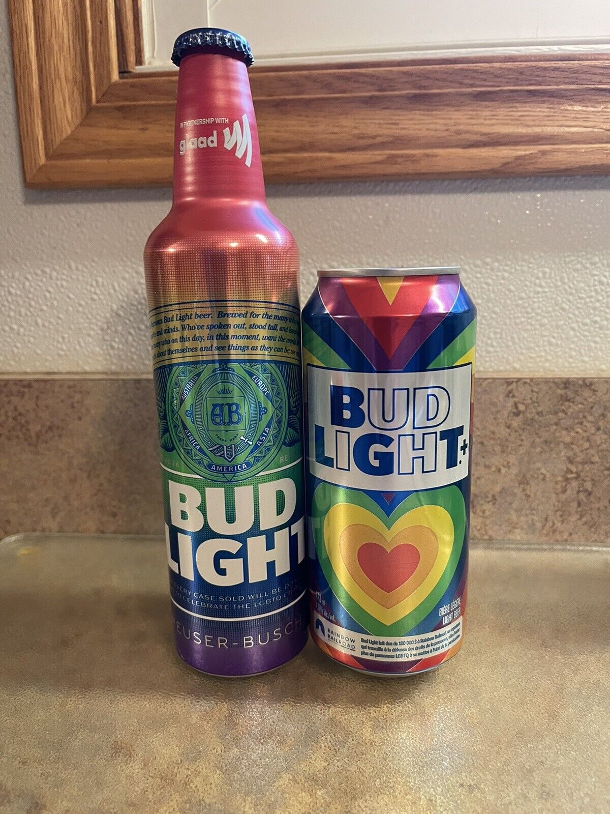 BUDWEISER RAINBOW ALUMINUM  16 Oz Aluminum Bottle &  Budweiser Rainbow Beer Can