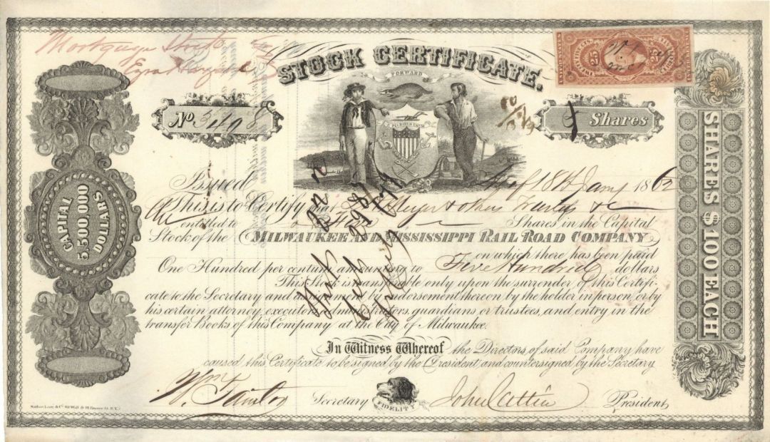 Milwaukee and Mississippi Rail Road Co. - 1862 Railroad Stock Certificate - Rail