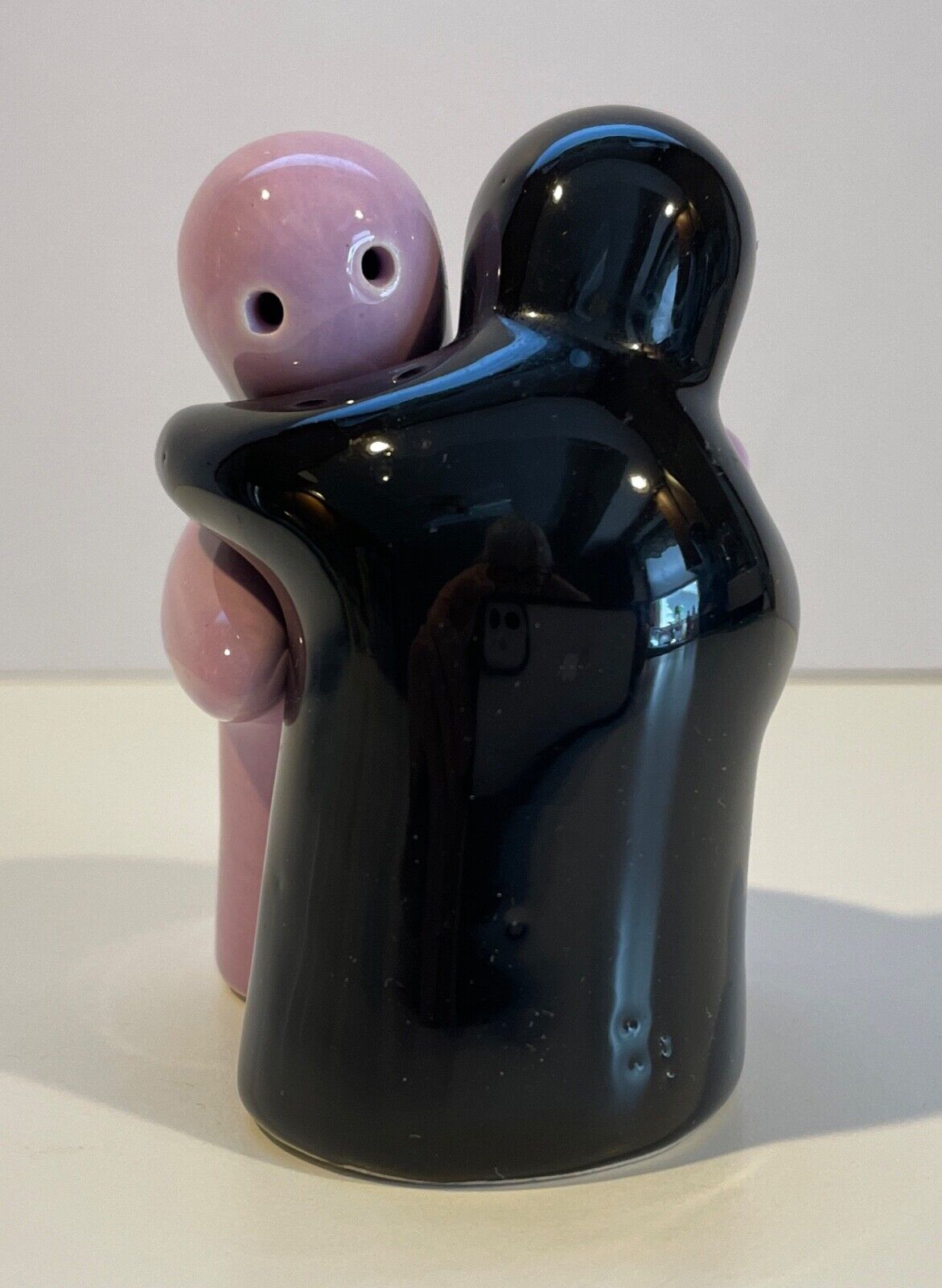 Vintage Ceramic Hugging Salt Pepper Shakers Pink Black Ghosts