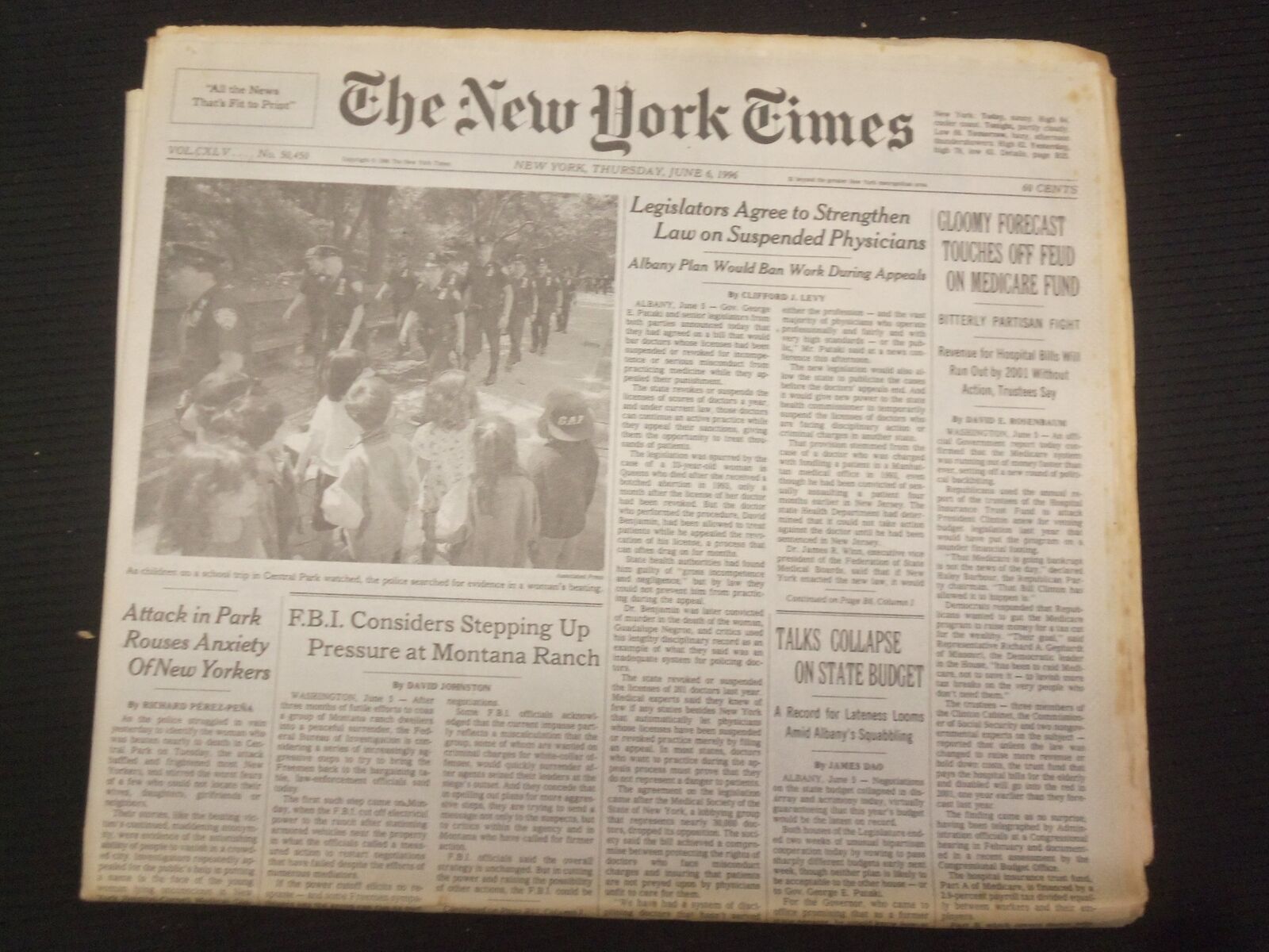 1996 JUNE 6 NEW YORK TIMES NEWSPAPER-GLOOMY FORECAST MEDICARE FUND FEUD- NP 7038
