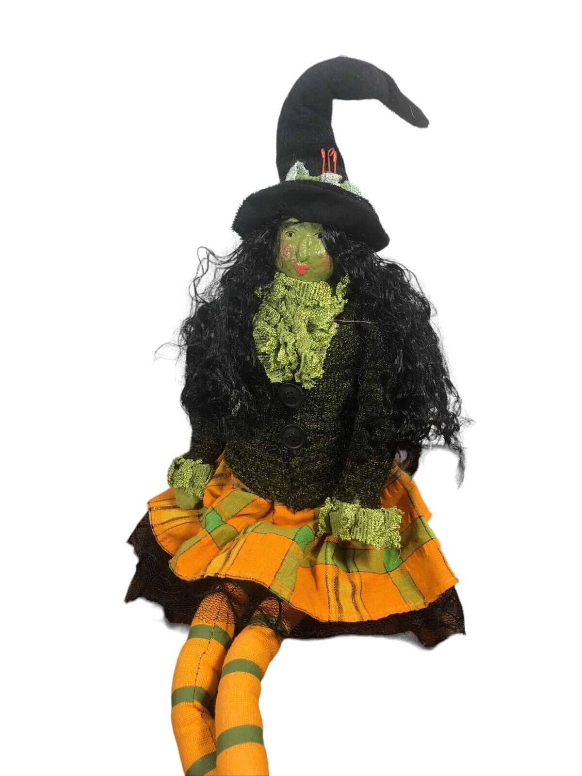 Halloween Whimsical Witch Green Face Doll Shelf Sitter Long Legs 22” Unique