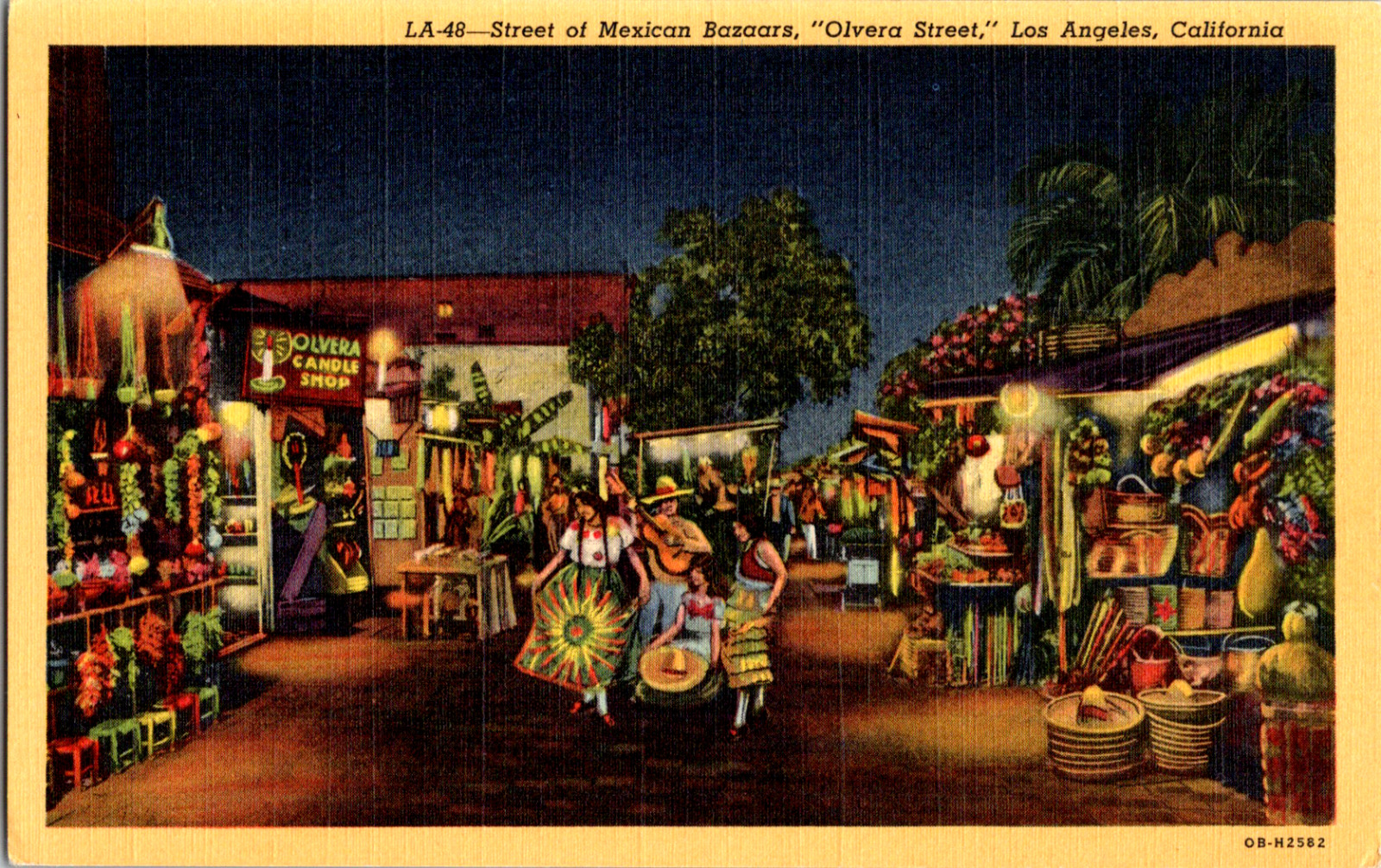 Vintage 1930's Olvera Street Mexican Bazaars Night Scene Los Angeles CA Postcard