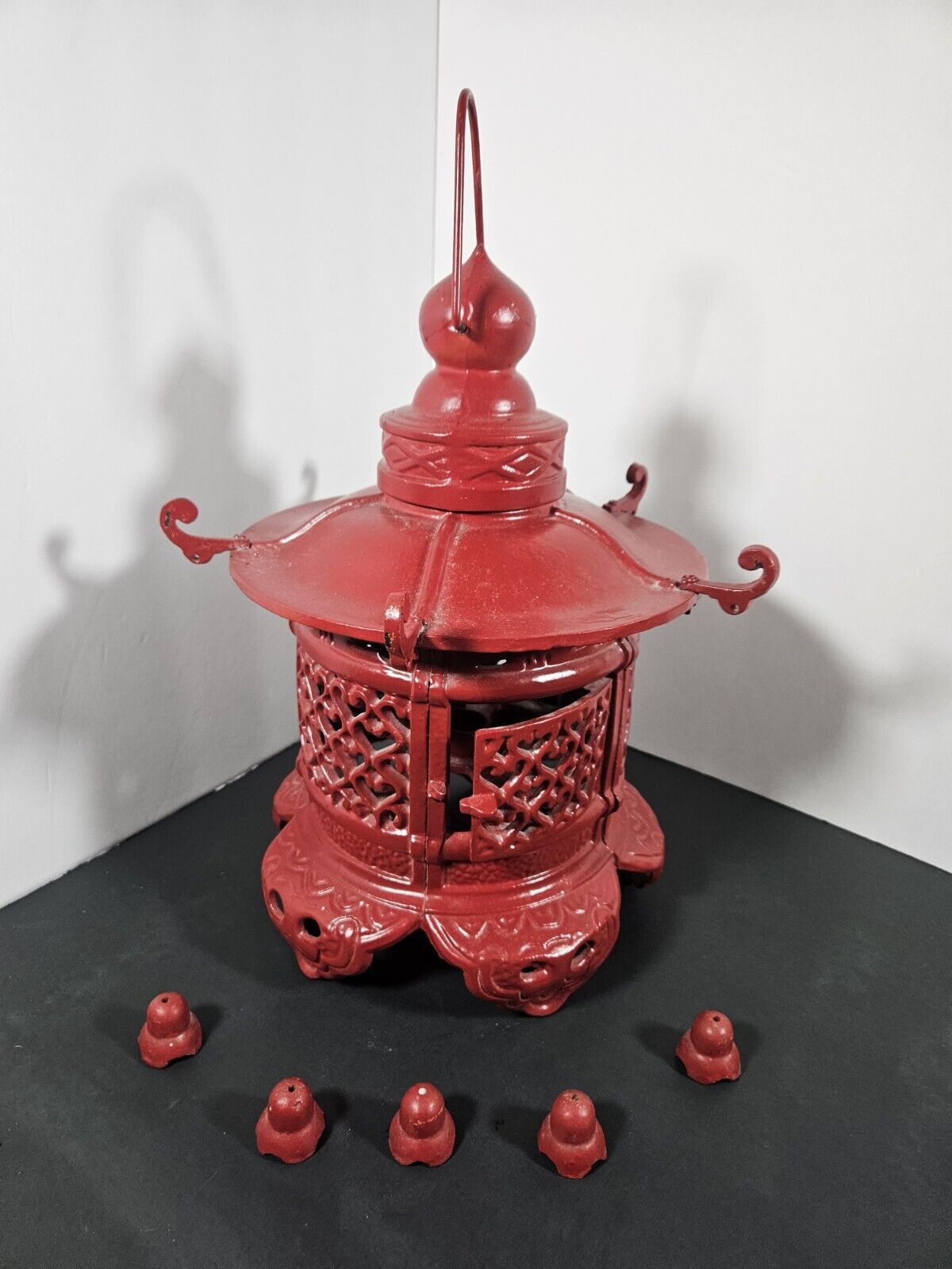 Vintage Rare Antique Japanese Cast Iron Candle Patina Lantern Garden PAGODA Red