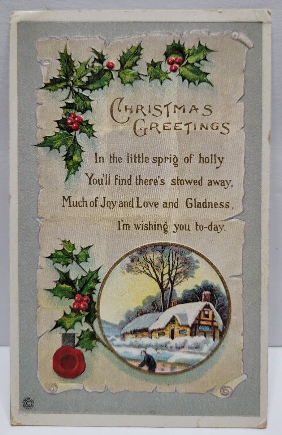 Vintage Used Postcard 1915 Embossed Christmas Holiday Seasons Greetings 