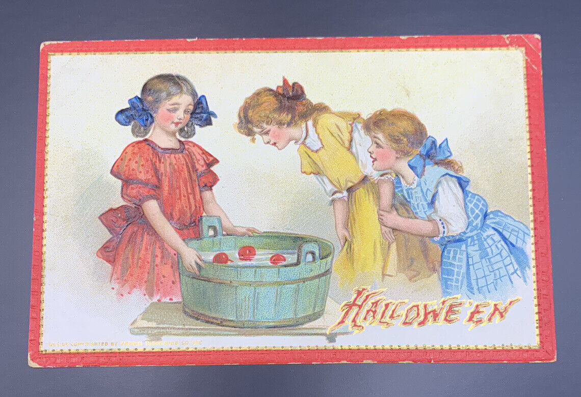 Antique Tuck’s Halloween Postcard Girls W Apples
