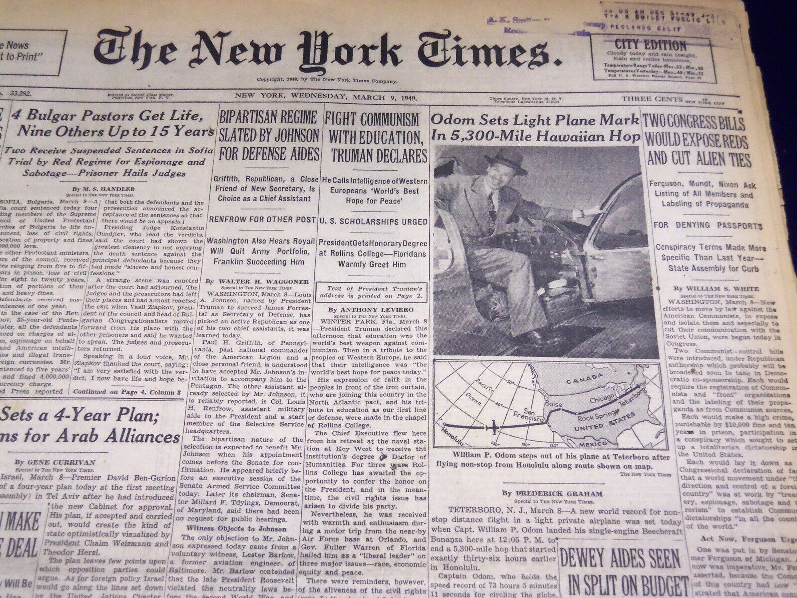 1949 MARCH 9 NEW YORK TIMES - ODOM 5,300 MILE HAWAIIAN HOP - NT 3195
