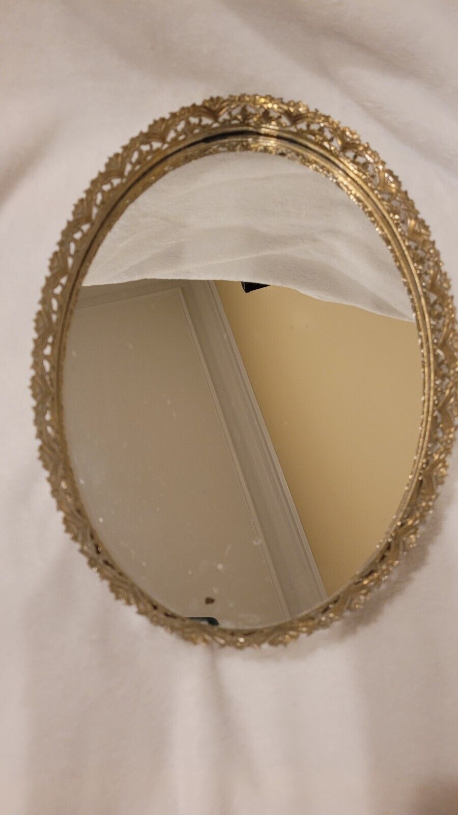 Vintage Hanging Mirror Filligree Vanity Tray Oval Gold Floral Trim 13\