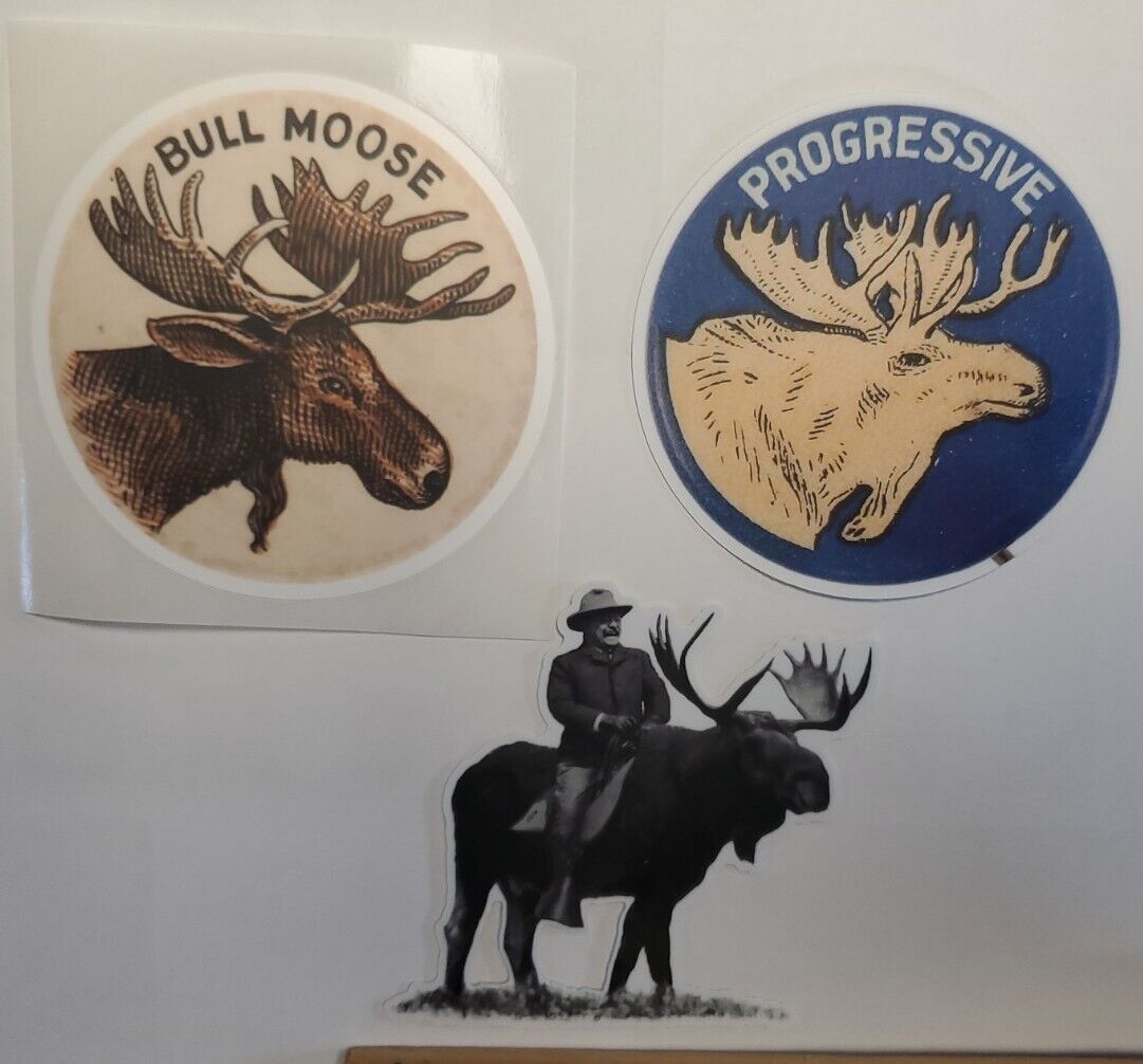 THEODORE ROOSEVELT on MOOSE STICKERS lot of 3 BULL MOOSE PARTY VARIETY PACK 