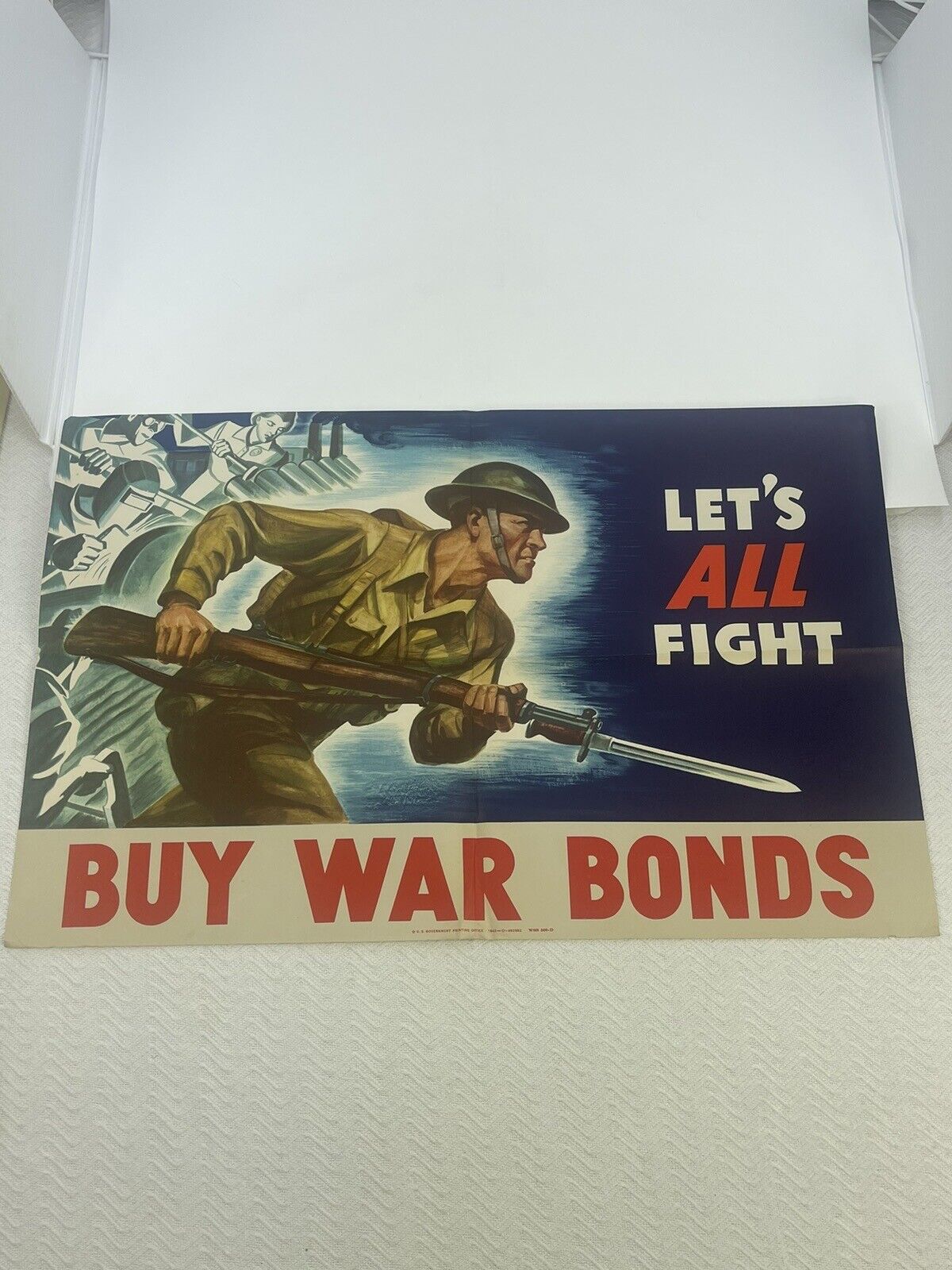 Original VTG WW2 Let’s All Fight Buy War Bonds Poster Rare