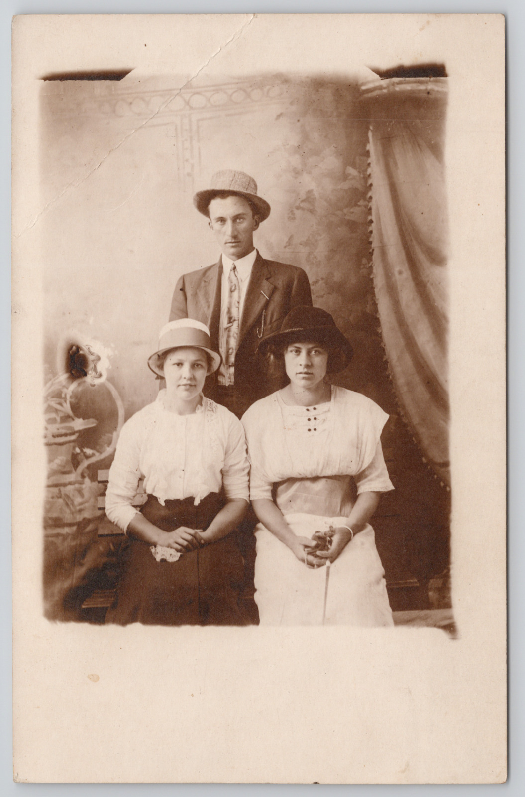 RPPC Man and Two Women Studio Portrait c1910 Real Photo Postcard