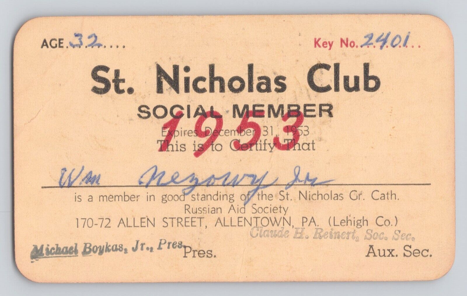 Vintage 1953 St. Nicholas Club Social Member Card Allentown Pennsylvania