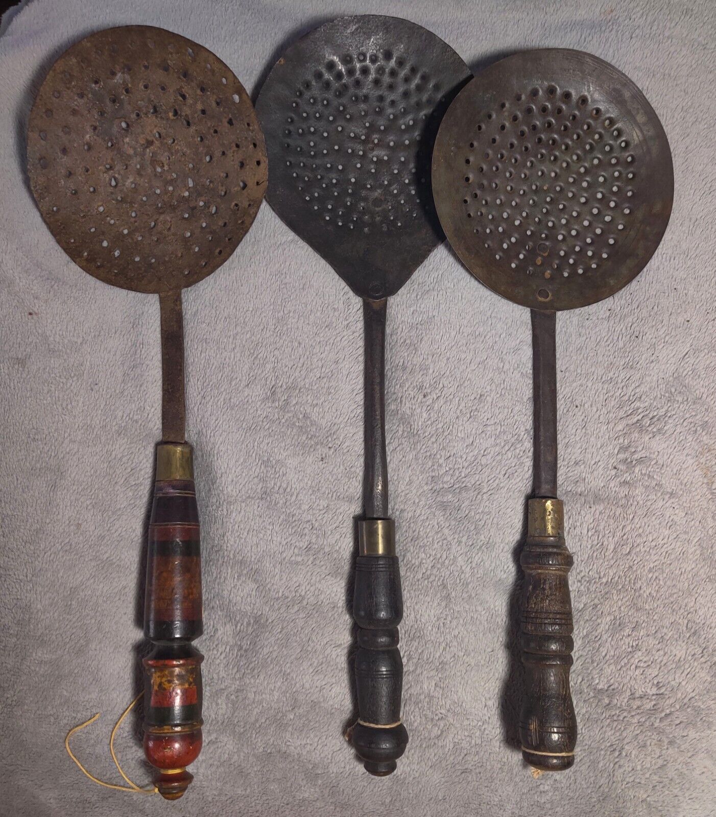 Three Vintage Chinese Cooking Strainers - Metal with Wood Handles - Primitive 
