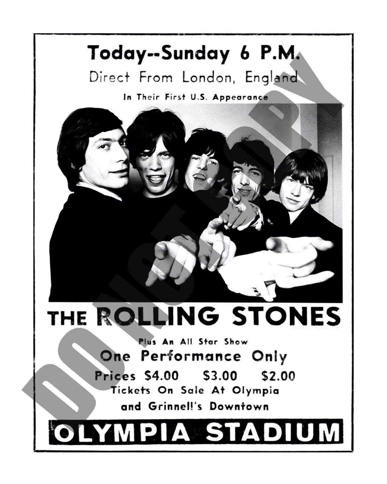 July 1964 Rolling Stones Concert At Olympia Stadium Detroit Handbill 8x10 Photo