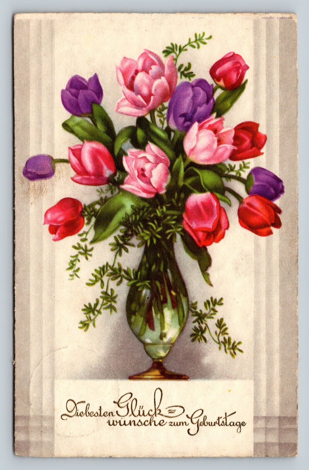c1936 Red Purple & Pink Tulips Birthday Wishes Embossed Vintage Postcard 1124