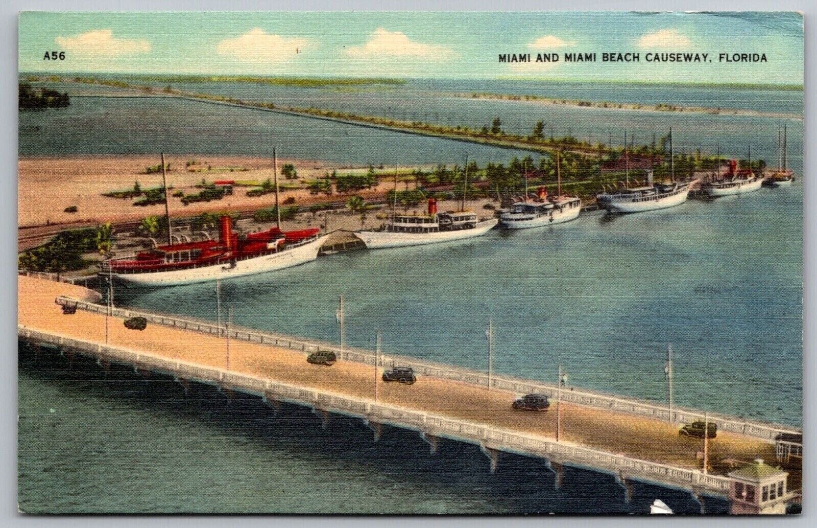 Miami Beach Causeway Florida Birds Eye View Oceanfront Boats Linen VNG Postcard