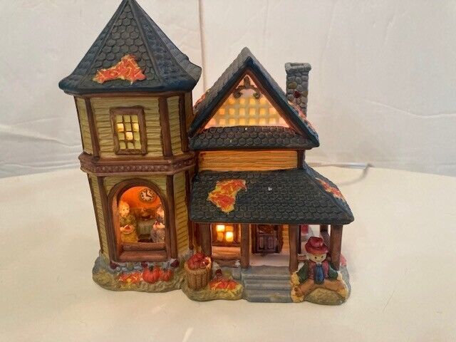 Autumn Accents Lighted Porcelain House With fall Decor And Light With Box