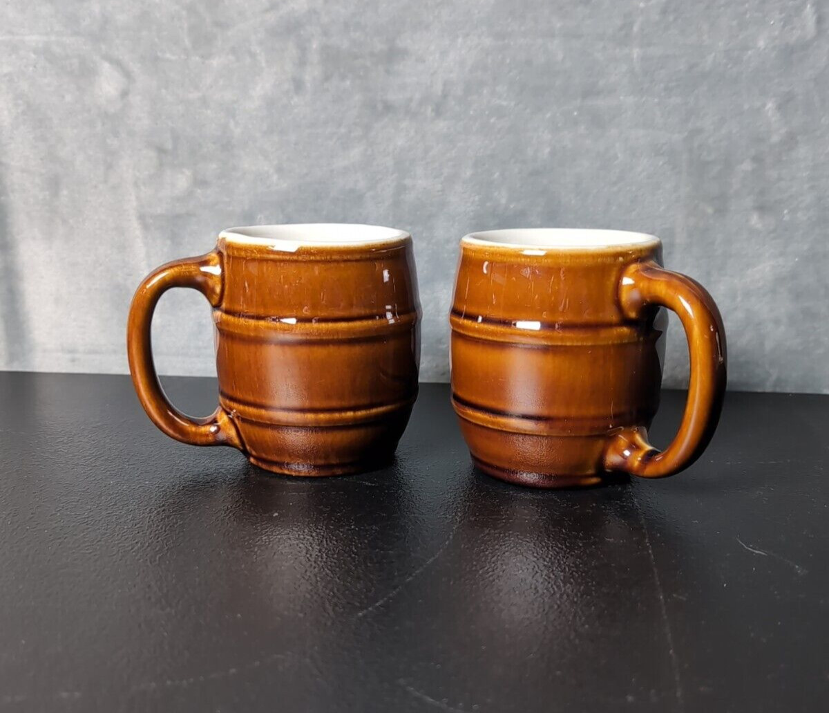 2 Hall Pottery #536 Brown Barrel 10oz Coffee Mugs Made in USA Vintage