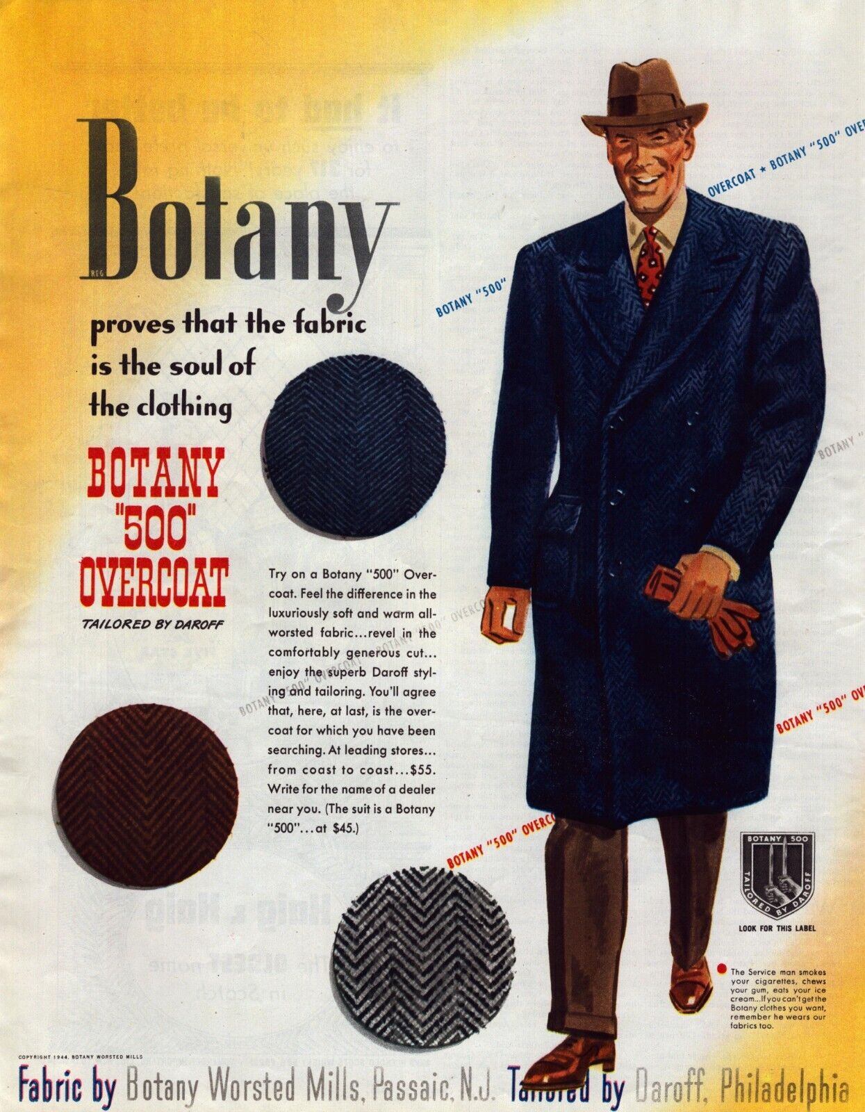 1944 Botany 500 Men\'s Overcoat Print Ad Hat Fabric Is The Soul Of Clothing