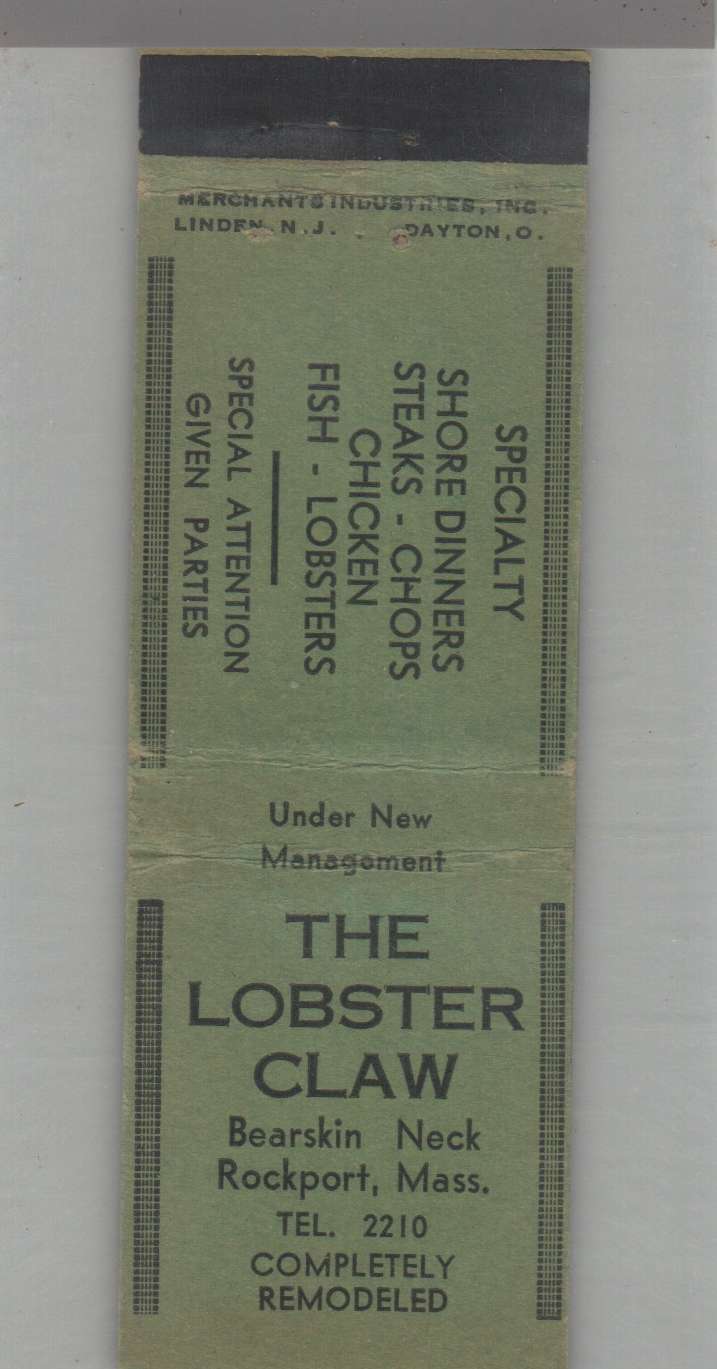 Matchbook Cover - 1930\'s The Lobster Claw Restaurant Bearskin Neck Rockport, MA