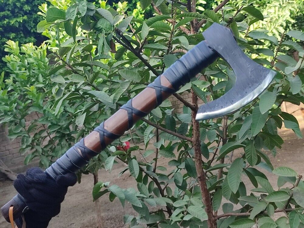 Handmade Rare Art Carbon Steel Blade Viking Throwing Axe AshWood Leather Handle