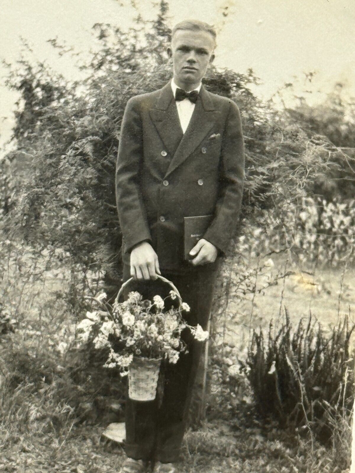 2H Photograph Young Man Portrait Holding Flower Basket Bouquet 1928