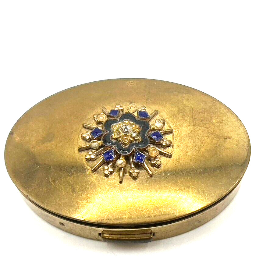 Vtg MARY DUNHILL Oval Compact Blue Black FLOWER STARBURST Rhinestone Pearl