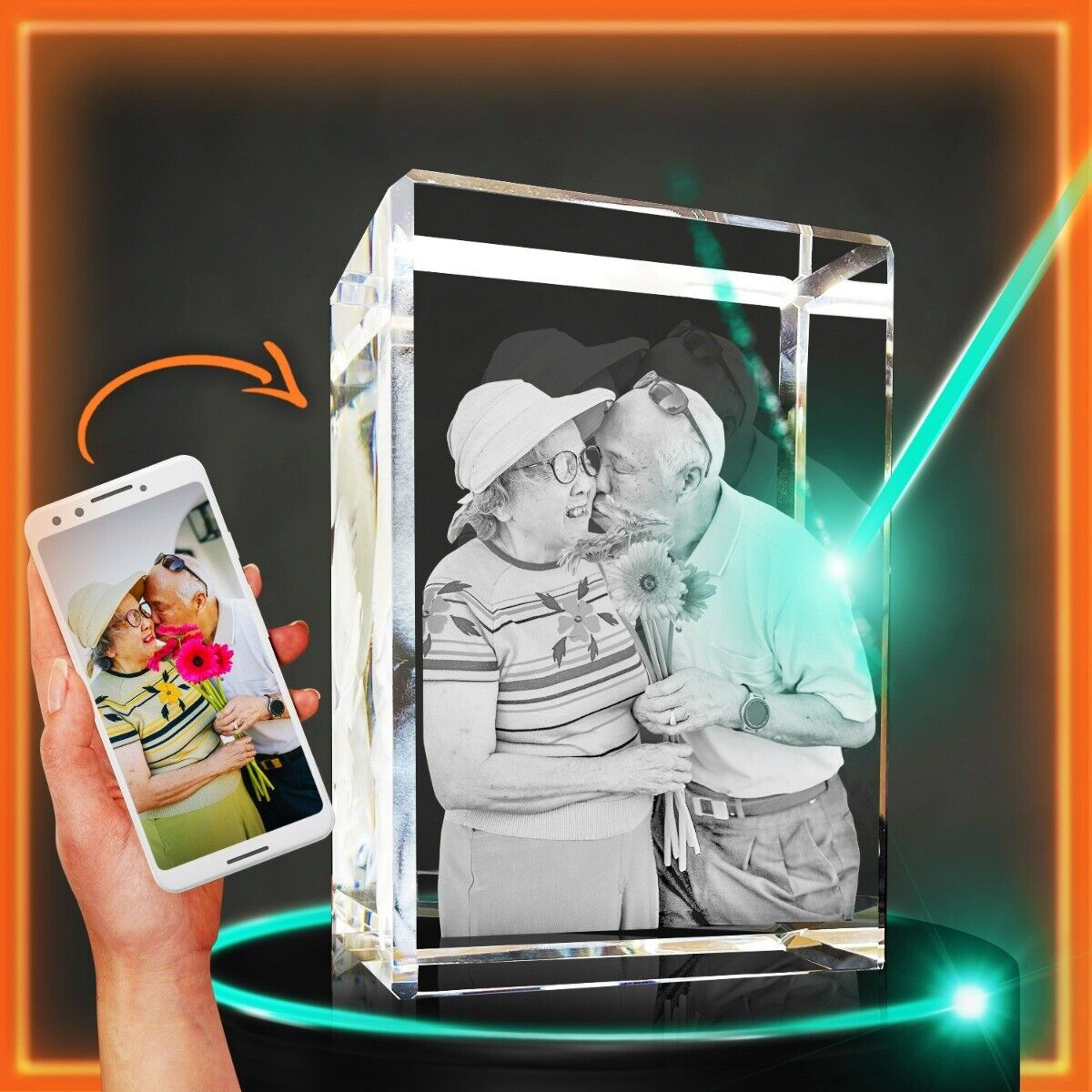 3D Crystal Cube Custom Etched & Engraved solid Glass Photo -LARGE