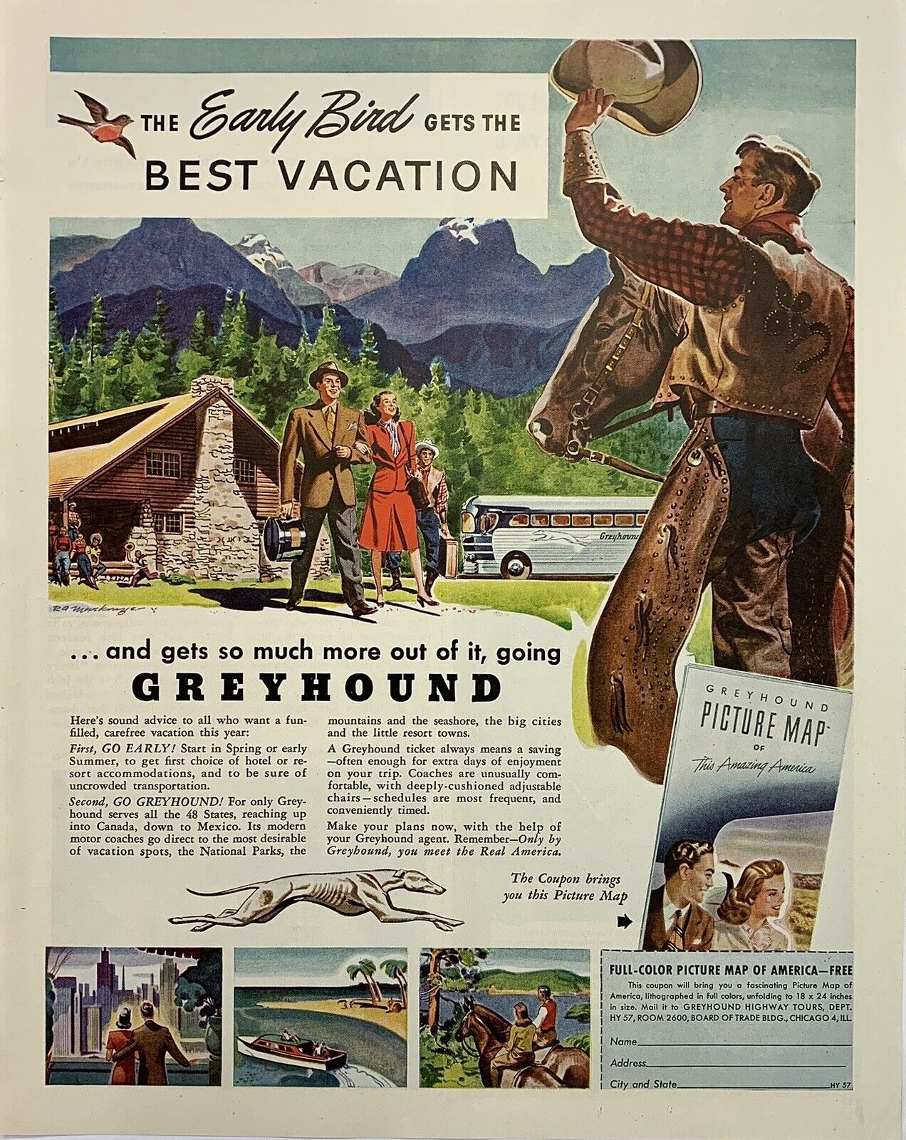 Magazine Ad Vintage 1947 Greyhound Bus Greyhound Highway Tours Vacations Coupon