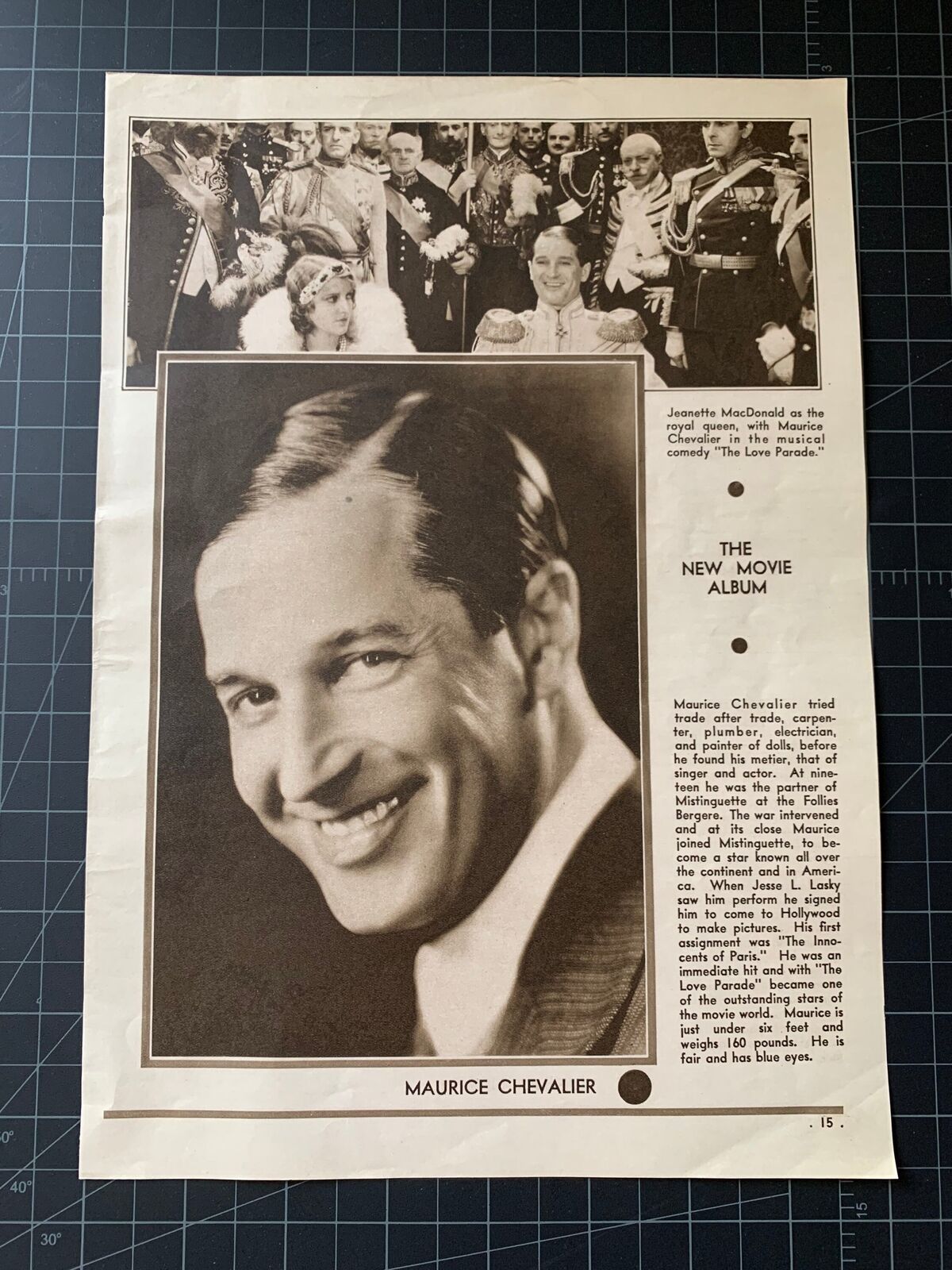 Vintage Circa 1930 Hollywood Star Magazine Page - Maurice Chevalier -