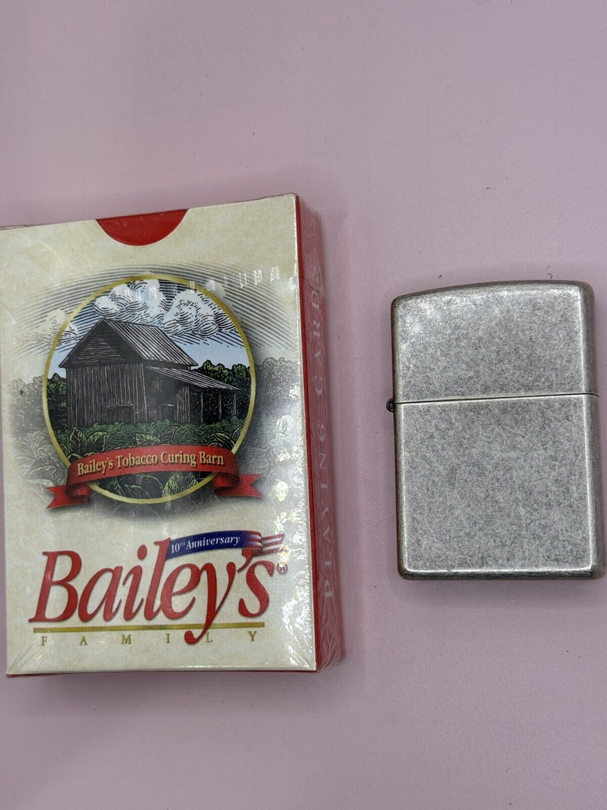 Vintage 2001 Antique Silver Zippo Lighter NEW & Bailey’s Tobacco Playing Cards