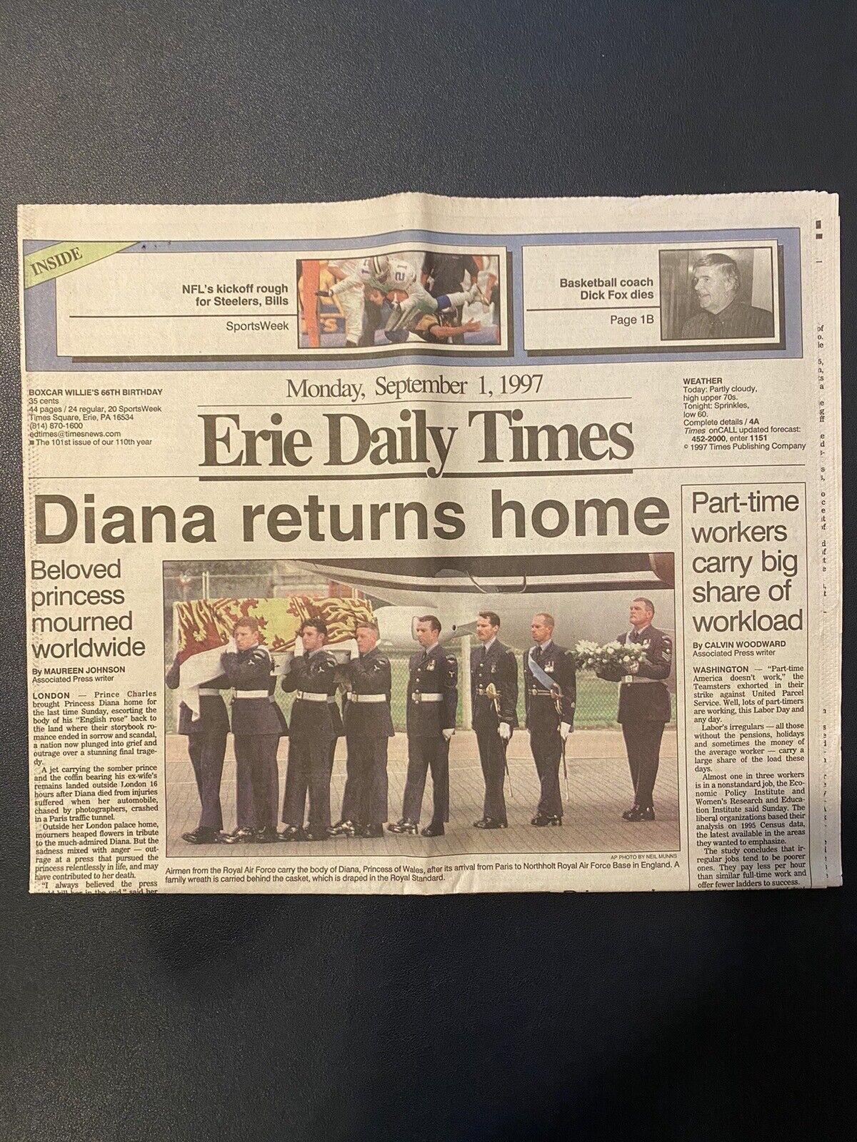 Vintage Newspaper Princess Diana Returns Home Erie PA September 1 1997